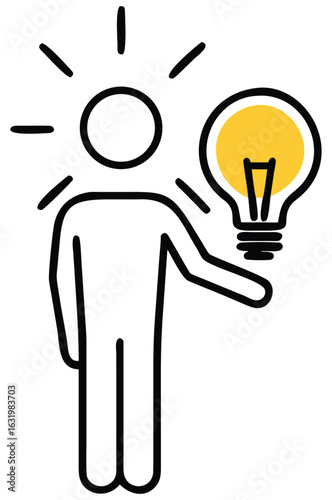 A simple line drawing of a person with a bright idea represented by a glowing lightbulb above their head symbolizing innovation and creativity