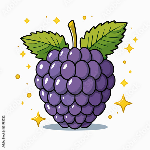 Stylized Purple Grape Cluster with Green Leaves and Sparkling Accents, Cute and Playful