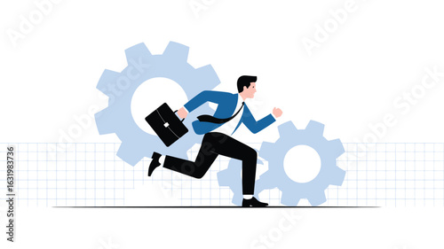 "Cartoon Illustration of Businessman Running with Briefcase Against Gear Background Symbolizing Productivity, Urgency, and Workflow"