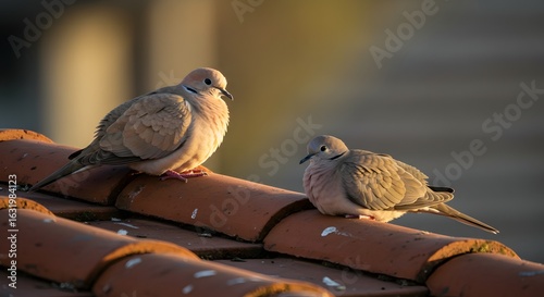 Two eurasian collared doves perched atop a terracotta tiled roof in soft sunlight during the day