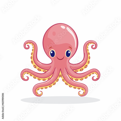 Charming Pink Octopus Cartoon Illustration with Curled Tentacles on a Clean White Backdrop