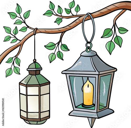 Golden birdcage lantern hanging in a tree as garden decoration