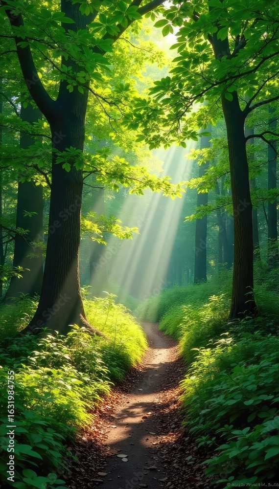 Obraz premium Sunlit Forest Path Winding Trail Through Lush Green Canopy, Dappled Light and Shadow, Perfect for Tranquility, Nature, Spring, and Summer Themes