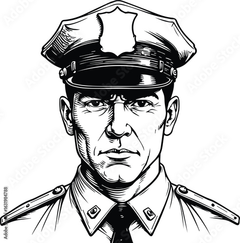 Law Enforcement Portrait: A stern portrait of a law enforcement officer in uniform, conveying a sense of authority and duty. Meticulously captured.