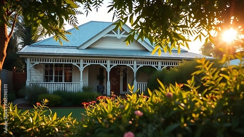 A charming suburban home bathed in afternoon sunlight with a lush garden.