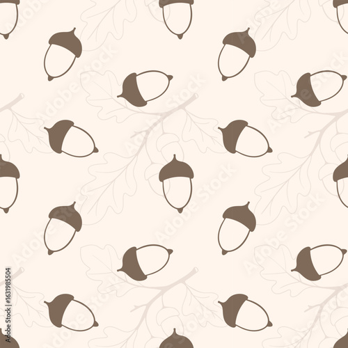 Pattern with acorns, oak nuts, contour drawing oak on creme beige background.