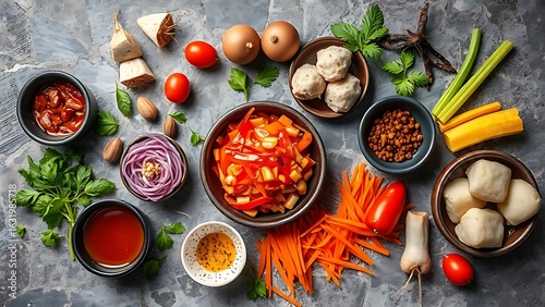 Vibrant Asian cuisine ingredients arranged on a stone surface in a natural top-down view.