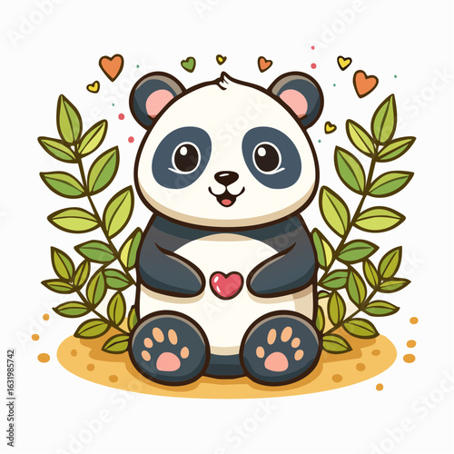 Adorable panda surrounded by lush greenery and affectionate hearts in charming illustration