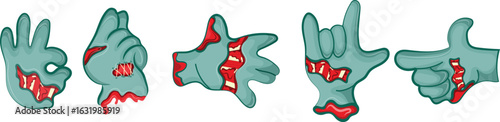 set with cartoon zombie hands in blue color with open wounds and bones that fold into various gestures in various shapes, design for Halloweens