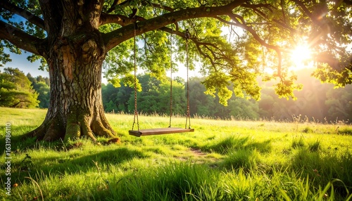 Swinging From a Big Tree in a Sunny Meadow, Summer Scenery