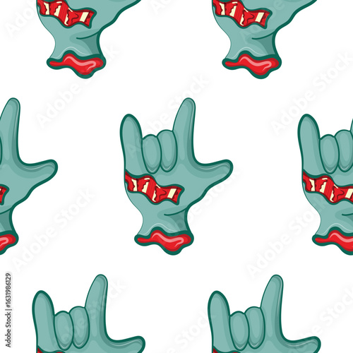 pattern with a cartoon zombie hand in blue with open wounds and bones showing "rock" (devil horns), Halloween design