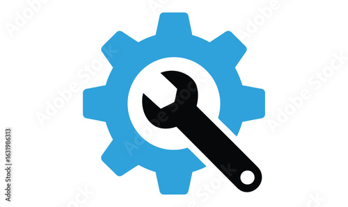 Blue Gear with Black Wrench Icon – Symbol of Maintenance, Settings, Repair, Technical Service, Customization, Optimization, and System Tools