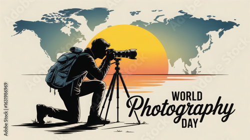 World Photography Day illustration with kneeling photographer silhouette, tripod setup, backpack, sunset, world map, and tribute message