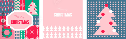 Modern pink Christmas vector set of banners or greeting cards with abstract trees, snowflakes and holiday decorations. 
