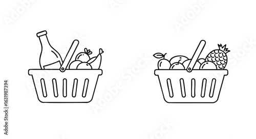 A set of two shopper baskets filled with groceries. Vector line art icons showing fresh fruit, produce, and a drink bottle for a supermarket.
