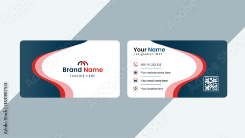 Creative business card design featuring red and blue wave shapes with clean layout perfect for branding identity personal or corporate use in digital and print media