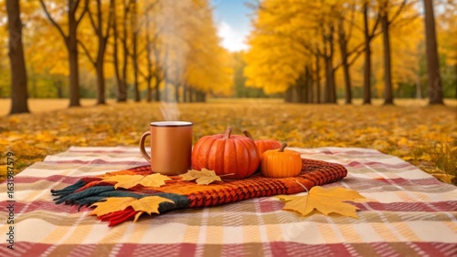 Cozy Autumn Picnic With Pumpkin Decor and Hot Beverage on a Blanket in a Scenic Fall Landscape