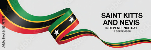 Saint Kitts and Nevis Independence Day ribbon illustration featuring national colors, stars, and date tribute on dynamic green backdrop