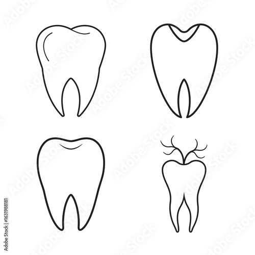 line art cartoon style tooth set on the white background