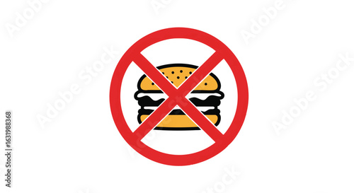 No fast food prohibition sign with a burger. Vector illustration symbolizing a healthy diet and warning against junk food.
