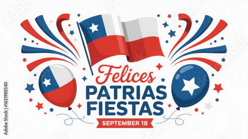 Fiestas Patrias Chile illustration with crossed flags, balloons, stars, and celebratory message honoring national day on colorful backdrop
