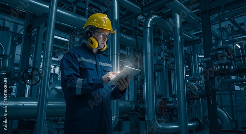 Focused Engineer with Glowing Tablet Navigates a Labyrinth of Industrial Pipes