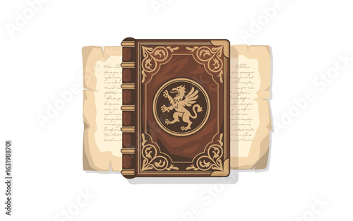 Antique Book with Griffin Emblem and Old Manuscripts, Fantasy Tale, Magical Grimoire, Ancient Knowledge, Storytelling, Isolated Vector Graphic Element on White Background
