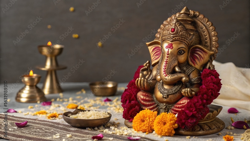 Fototapeta premium Golden Ganesha Statue Decorated for Puja with Flowers and Offerings