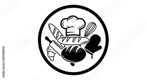 Flat lay monochrome illustration of baking tools: chef hat, bread, rolling pin, whisk, oven mitt, croissant; against a clean white background.