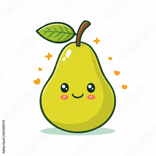Delightful Pear Cartoon Character with a Sweet Smile and Sparkling Details
