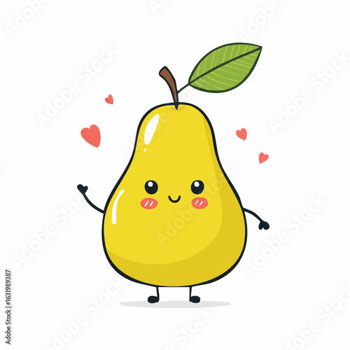 Adorable pear character radiating happiness with heart accents on a clean white background