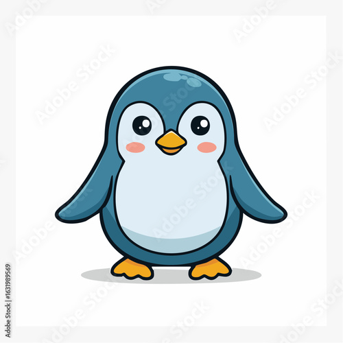 Delightful illustration of a charming blue cartoon penguin standing against white background