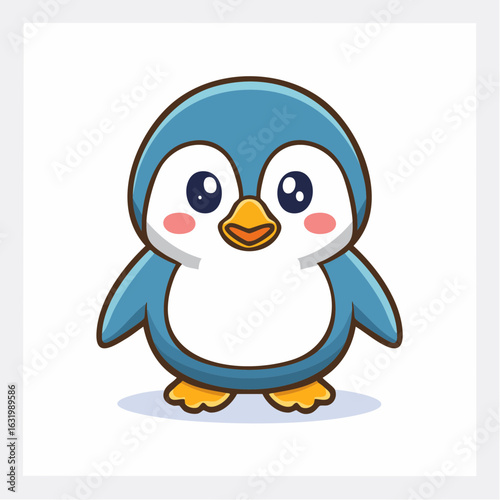 Adorable Blue Penguin Illustration with Big Eyes and Rosy Cheeks on White Background