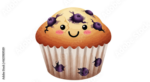 A cute illustration of a kawaii blueberry muffin with a happy, smiling face and rosy cheeks.