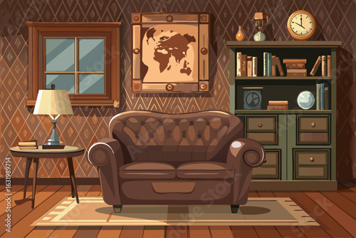 vector of Dark brown leather chair and brown patina wall without window and book and photo frame and stylish leather sofa in cozy study room with old decor and world map on the wall
