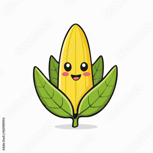 Adorable Cartoon Corn Character with a Cheerful Expression and Green Leaves Design