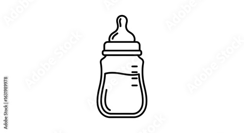 A minimalist black line art icon of a baby feeding bottle, partially filled with milk and showing measurement marks.