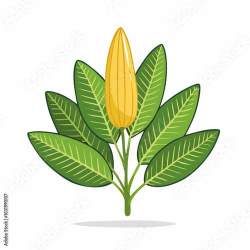Illustration of a vibrant tropical plant with lush green leaves and a bright yellow bloom