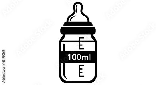 A black and white icon of a baby bottle filled to the 100ml mark.
