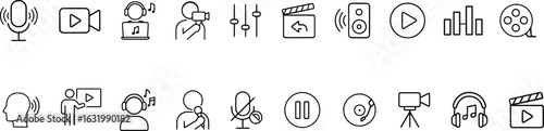 Media and Audio Production Stroke Icon Collection.