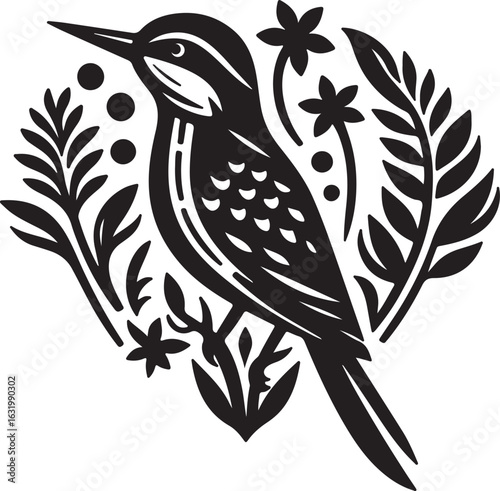 A beautiful black bird with an intricate feather design rests on a floral branch, a stunning spring