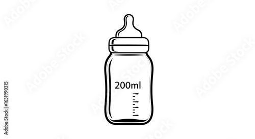 An empty baby feeding bottle with a nipple and a 200ml volume measurement, depicted as a simple line art icon.