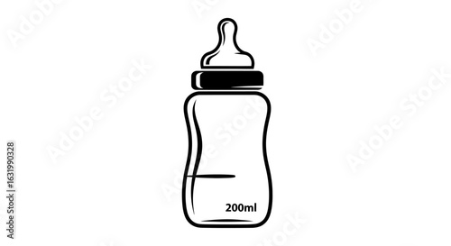 A black and white icon of a baby feeding bottle with a teat and 200ml measurement.