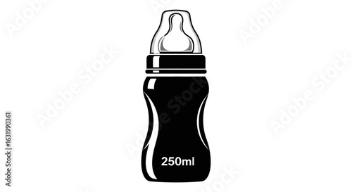 A black and white graphic icon of a 250ml baby feeding bottle with a clear silicone teat.