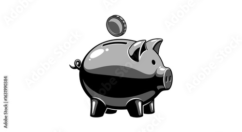 A monochrome illustration of a single coin being deposited into a classic piggy bank, symbolizing savings.