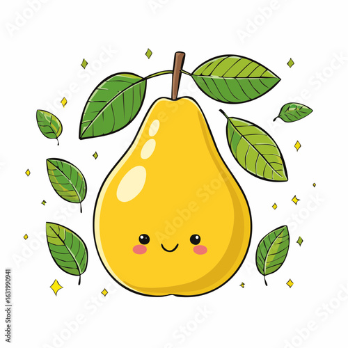 Adorable yellow pear illustration with smiling face and green leaves on white background