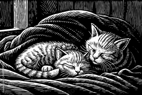 Cat and kitten curled together sleeping, black and white line art illustration