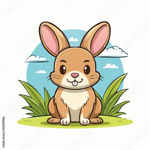 Adorable Cartoon Rabbit Sitting in a Meadow with a Blue Sky Backdrop Illustration