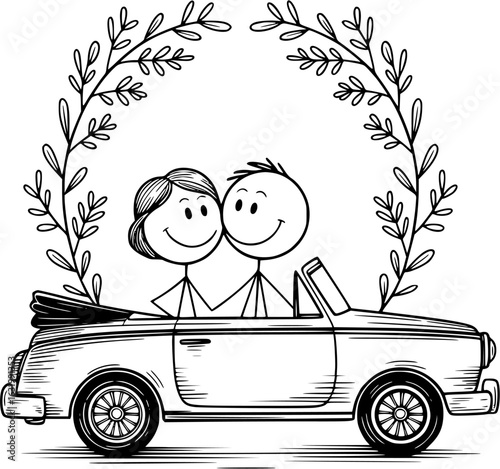 Couple's Joyride: A cute illustration shows a stick figure couple in a car driving together, symbolizing a romantic journey.