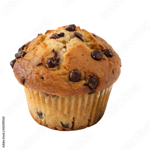 A whole single chocolate chip muffin isolated on a transparent background